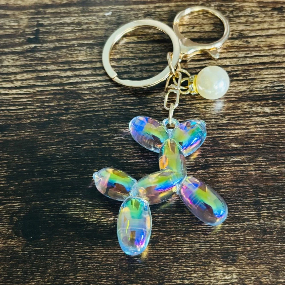 Iridescent Balloon Dog Keychain Gold Tone Bag Charm with Pearl Accent Pop Art